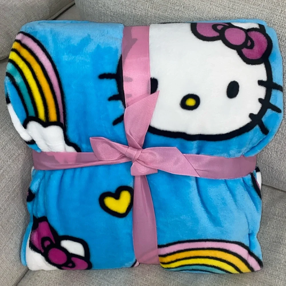 Hello Kitty Blue Rainbow Plush Twin Blanket